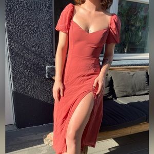 Midi Puff Sleeve Dress with Slit